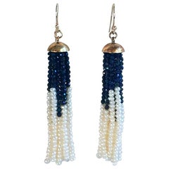 Pearl and Black Spinel Tassel Earrings with 14 Karat Yellow Gold Cup and Hook