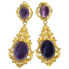 Antique Victorian Amethyst Cabochon Dangling Pendant Earring Clips