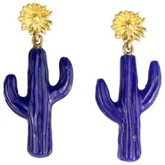 Julius Cohen Gold and Lapis Cactus Earrings