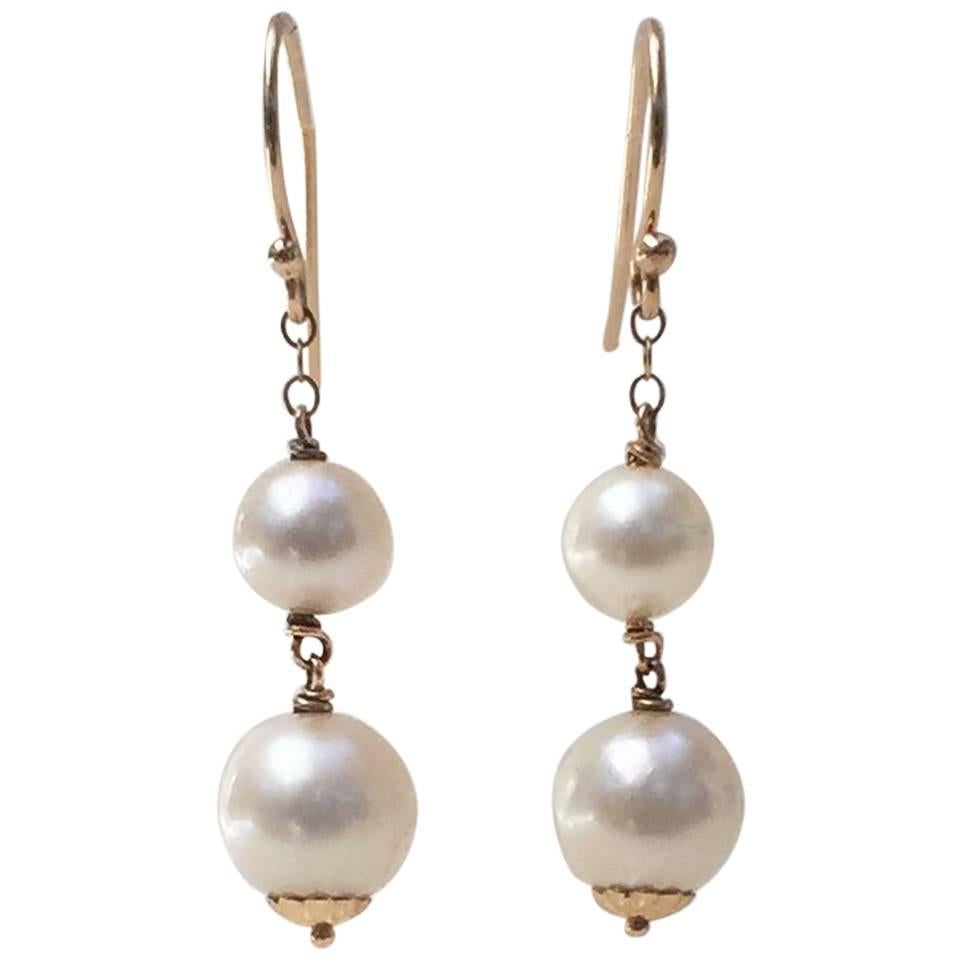 Double Pearl Earrings with 14 Karat Yellow Gold Hook and Wiring by Marina J.