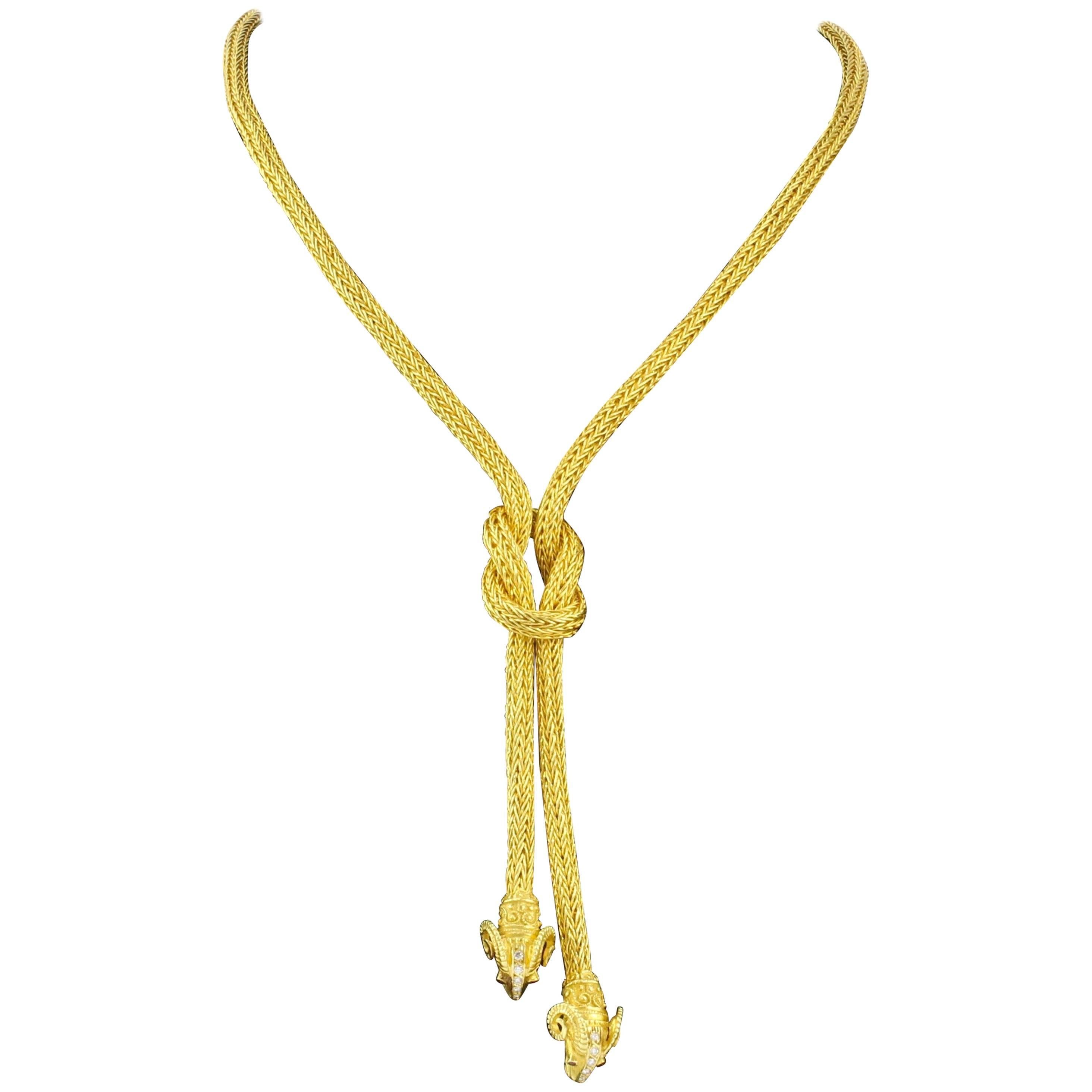 Ilias Lalaounis 18 Karat Yellow Gold Diamond Ruby Hercules Knot Necklace