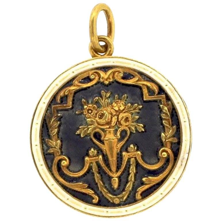Antique 19th Century Engraved Guilloche Enamel Gold Pendant Locket at 1stDibs