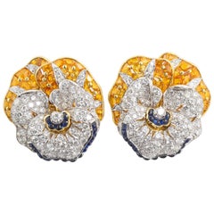 Oscar Heyman Diamond Blue Yellow Sapphire Pansy Earrings