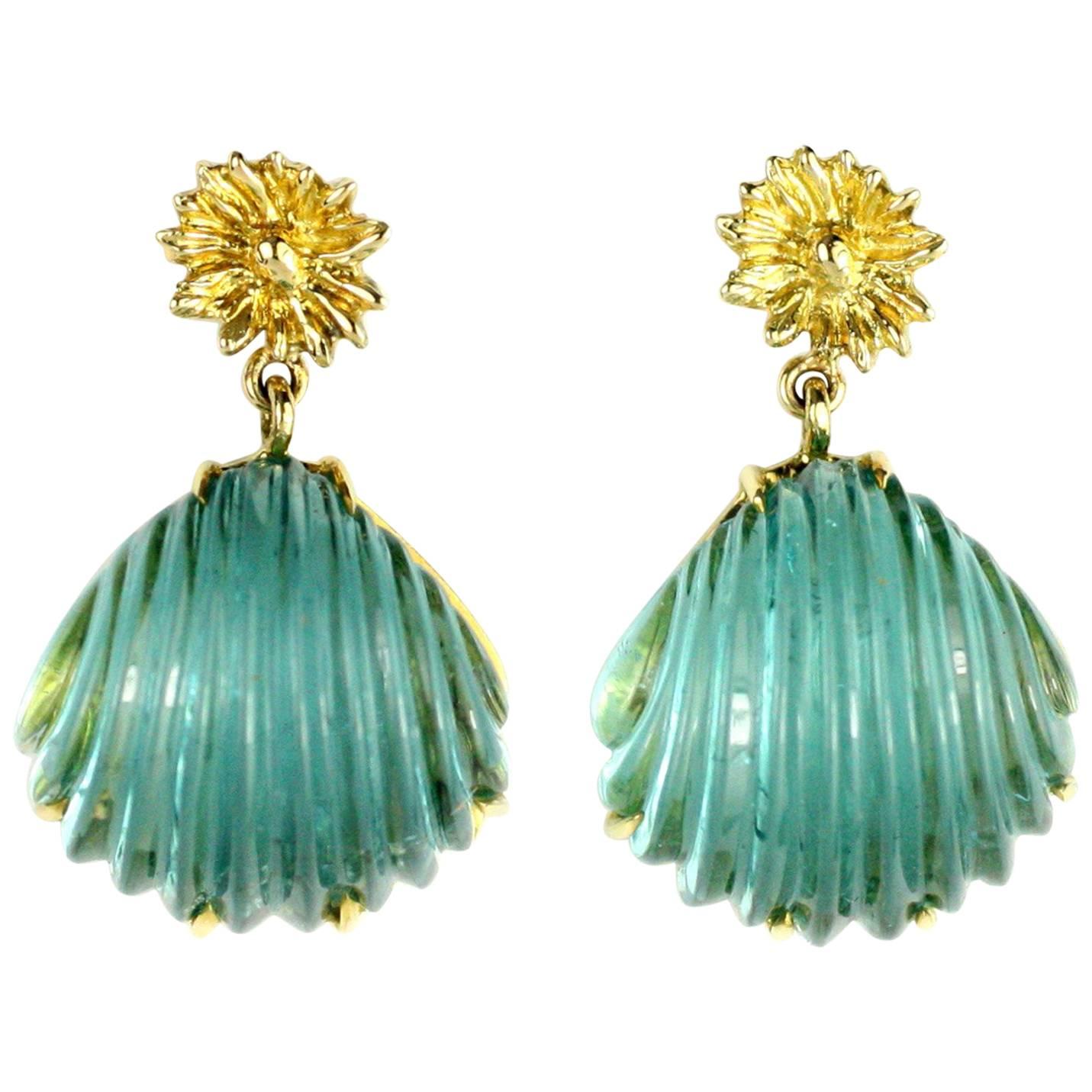 Julius Cohen Carved Shell Tourmaline and Gold Earrings