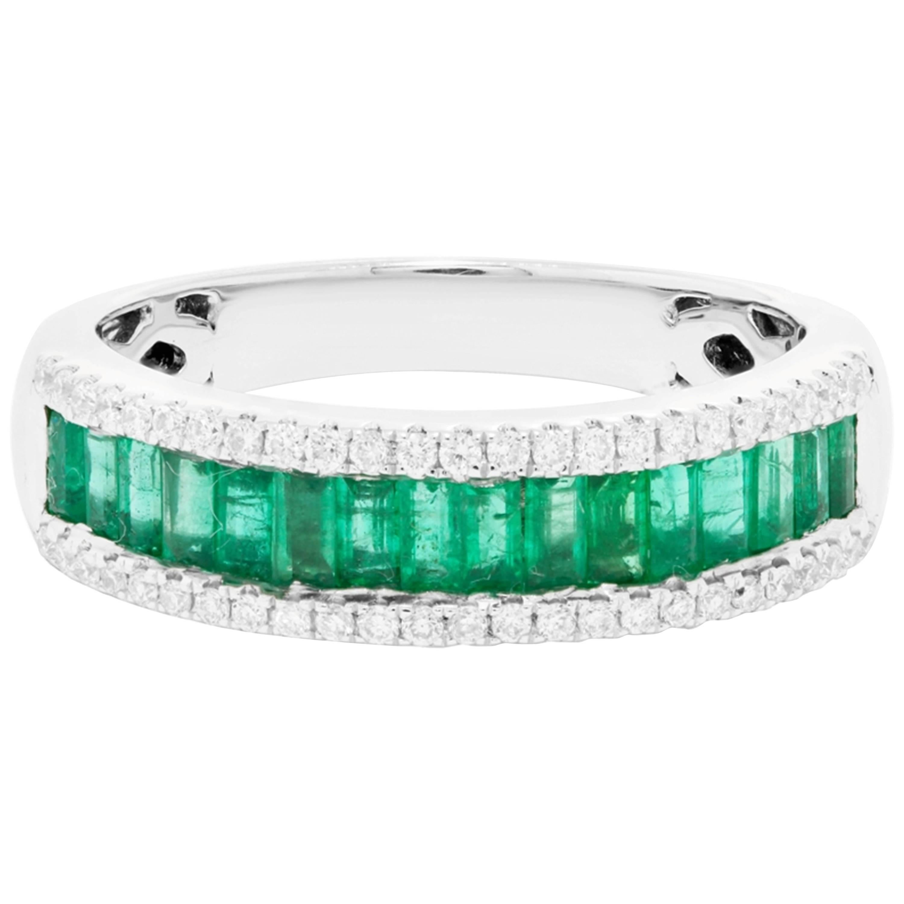 Emerald Baguettes Diamond Three-Row Band Gold Ring