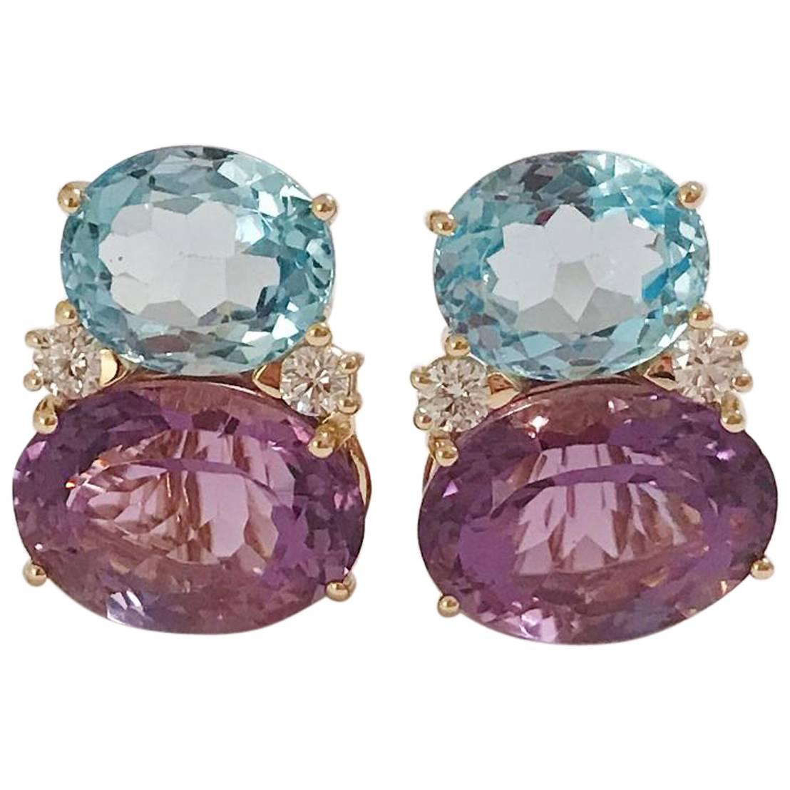 Large Gum Drop Earrings with Pale Blue Topaz and Bright Amethyst and Diamonds For Sale