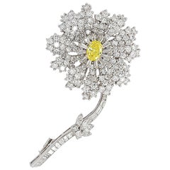 Fancy Intense Yellow and White Diamond Platinum Flower Brooch