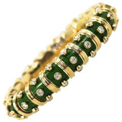 Jean Schlumberger Iconic Green Enamel Diamond Narrow Bracelet 18 Karat
