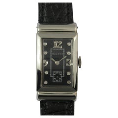 Retro Bulova White Gold Black Diamond Dial Wristwatch