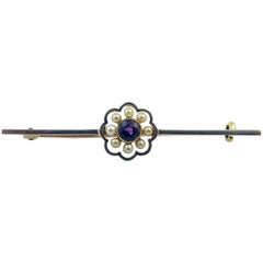 Antique Edwardian Amethyst, Seed Pearl Brooch, 15 Carat Gold, Platinum