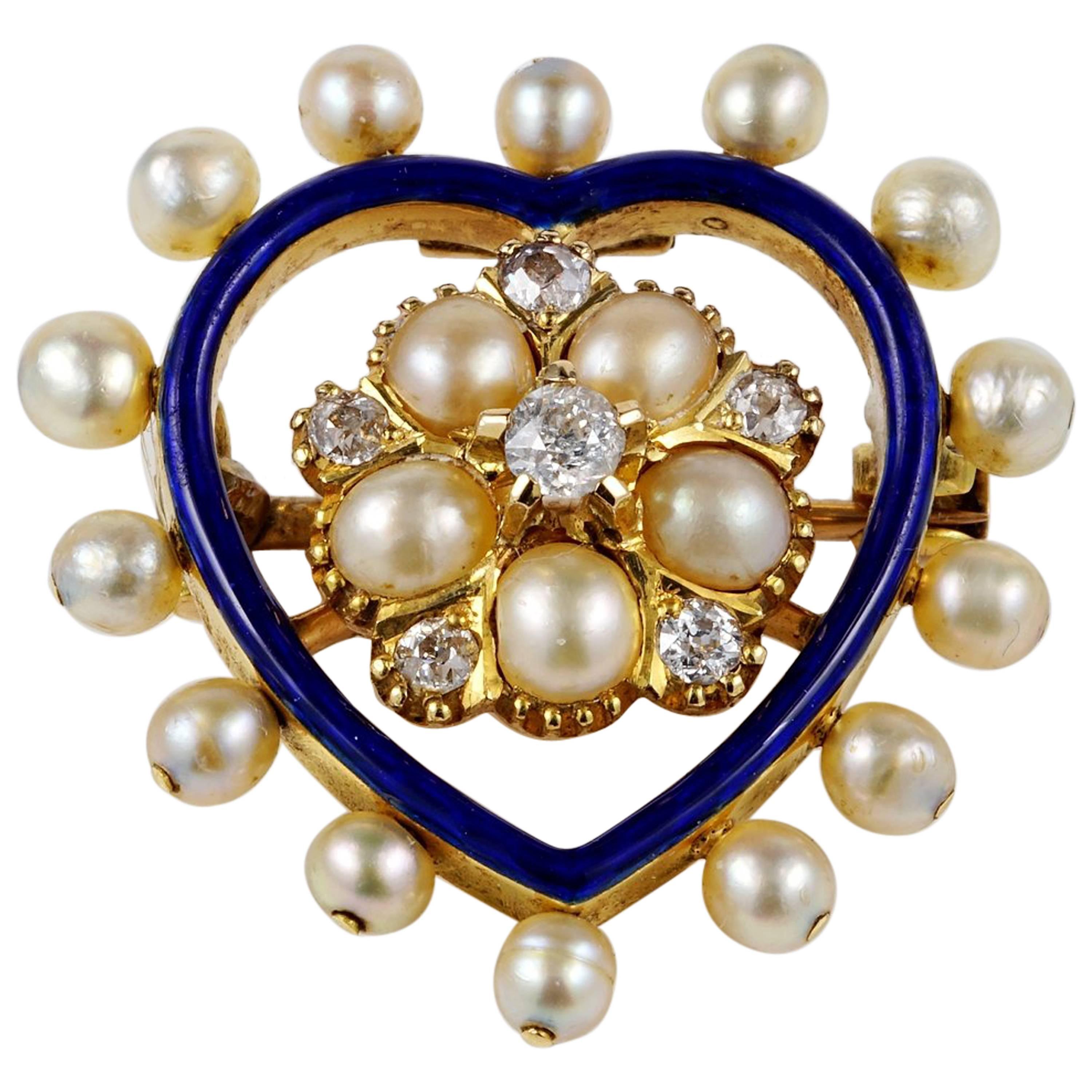 Victorian Diamond Natural Pearl Royal Blue Heart Pendant For Sale