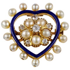 Victorian Diamond Natural Pearl Royal Blue Heart Pendant