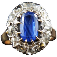 Victorian Engagment Cluster Ring With Sapphire 1.20 Cts And Diamonds 0.60 Ct