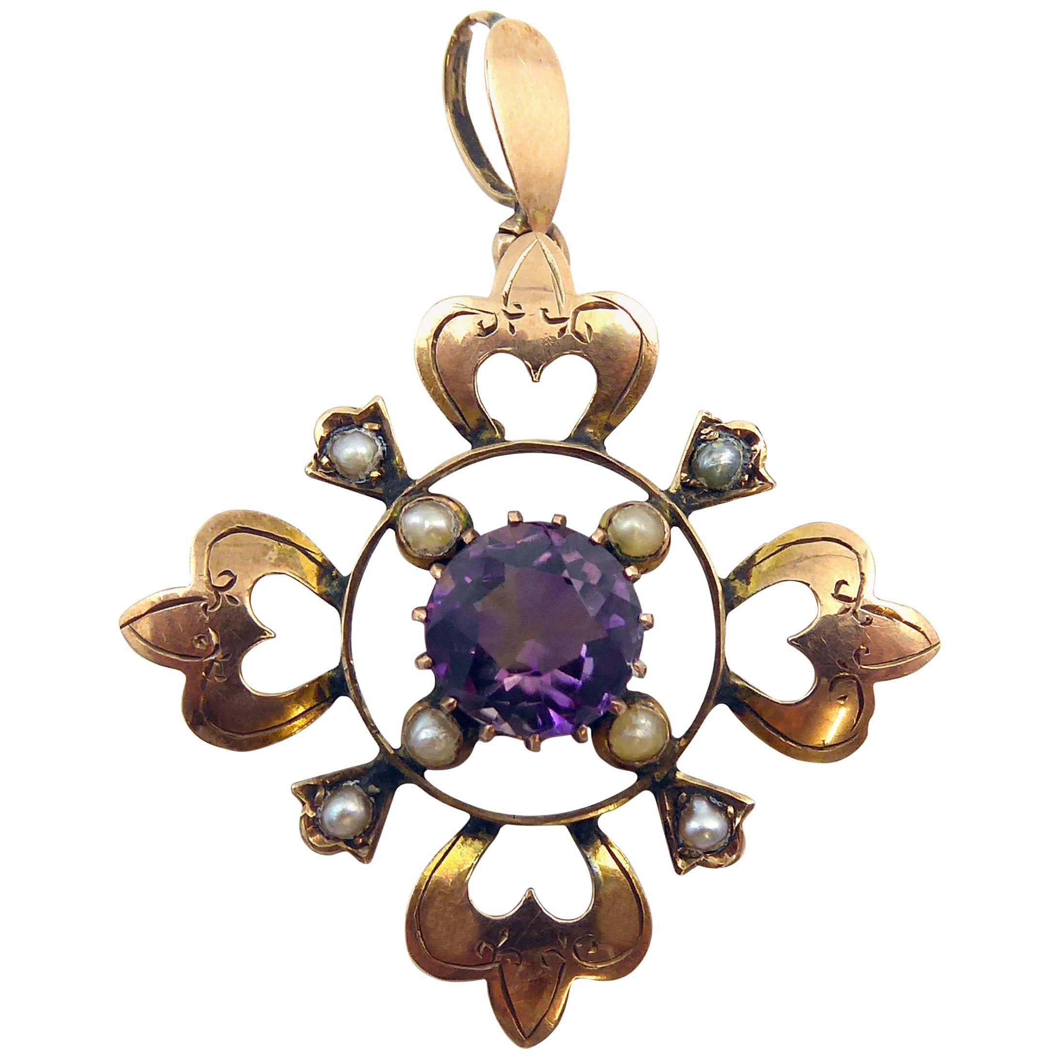 Antique Late Victorian Amethyst and Pearl Pendant, circa 1890s