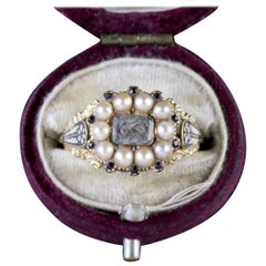Antique Georgian 18 Carat Gold Pearl Sapphire Mourning Ring, circa 1780
