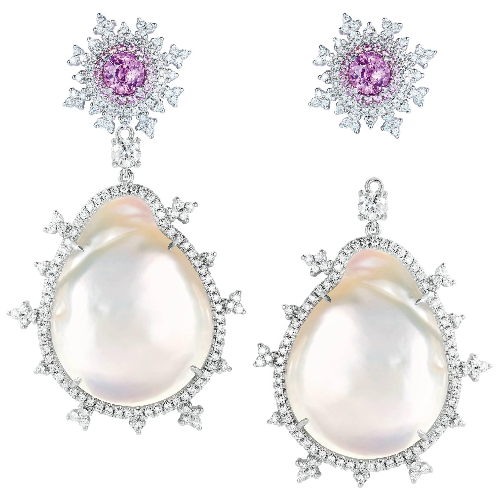 Nadine Aysoy 18 Karat Gold, Pink Sapphire and Baroque Pearl Diamond Earrings For Sale