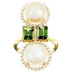 Nadine Aysoy 18 Karat Gold Double Pearl and Green Tourmaline Diamond Ring