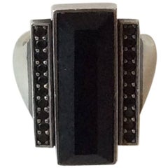 Georg Jensen, Nocturne Ring 571A, Sterling Silver with Black Agate and Diamonds