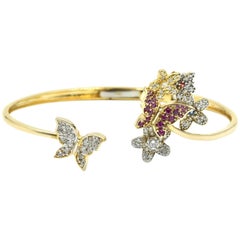 Pink & Blue Sapphires Butterfly with Diamonds Bangle Bracelet 14k Yellow Gold