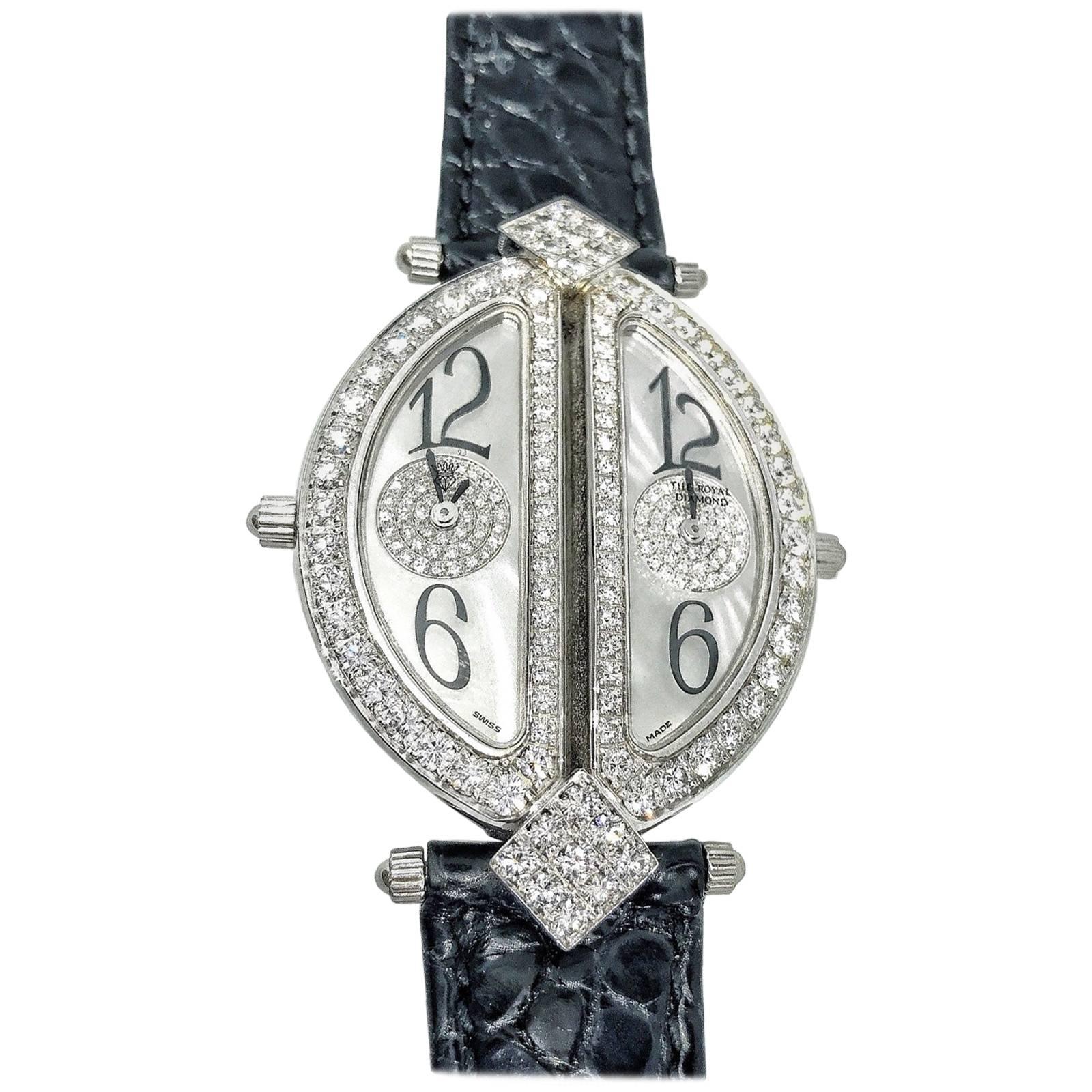Royal White Gold Diamond Double Dual Time Zone Wristwatch  For Sale