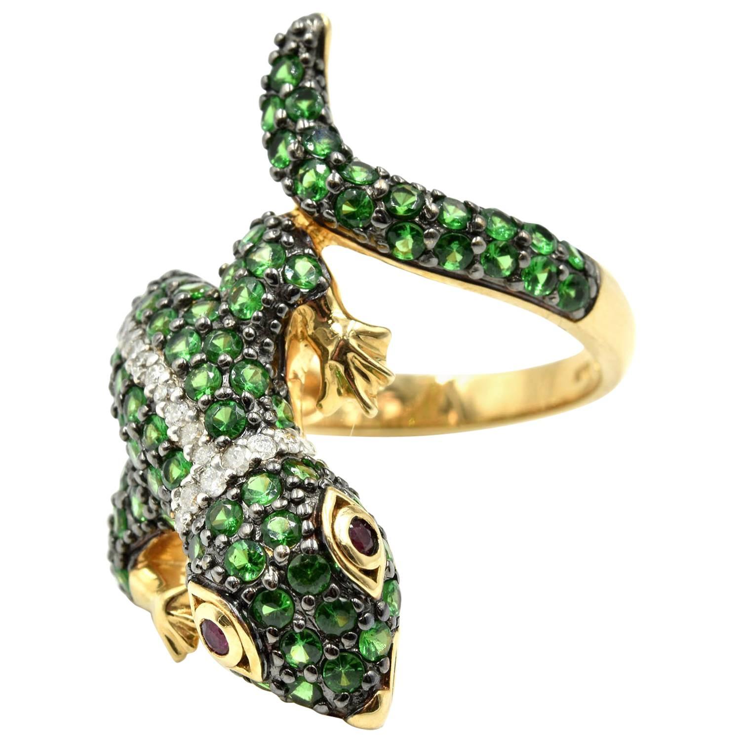 Lizard Cocktail Ring Set with Tsavorite, Rubies and Diamonds