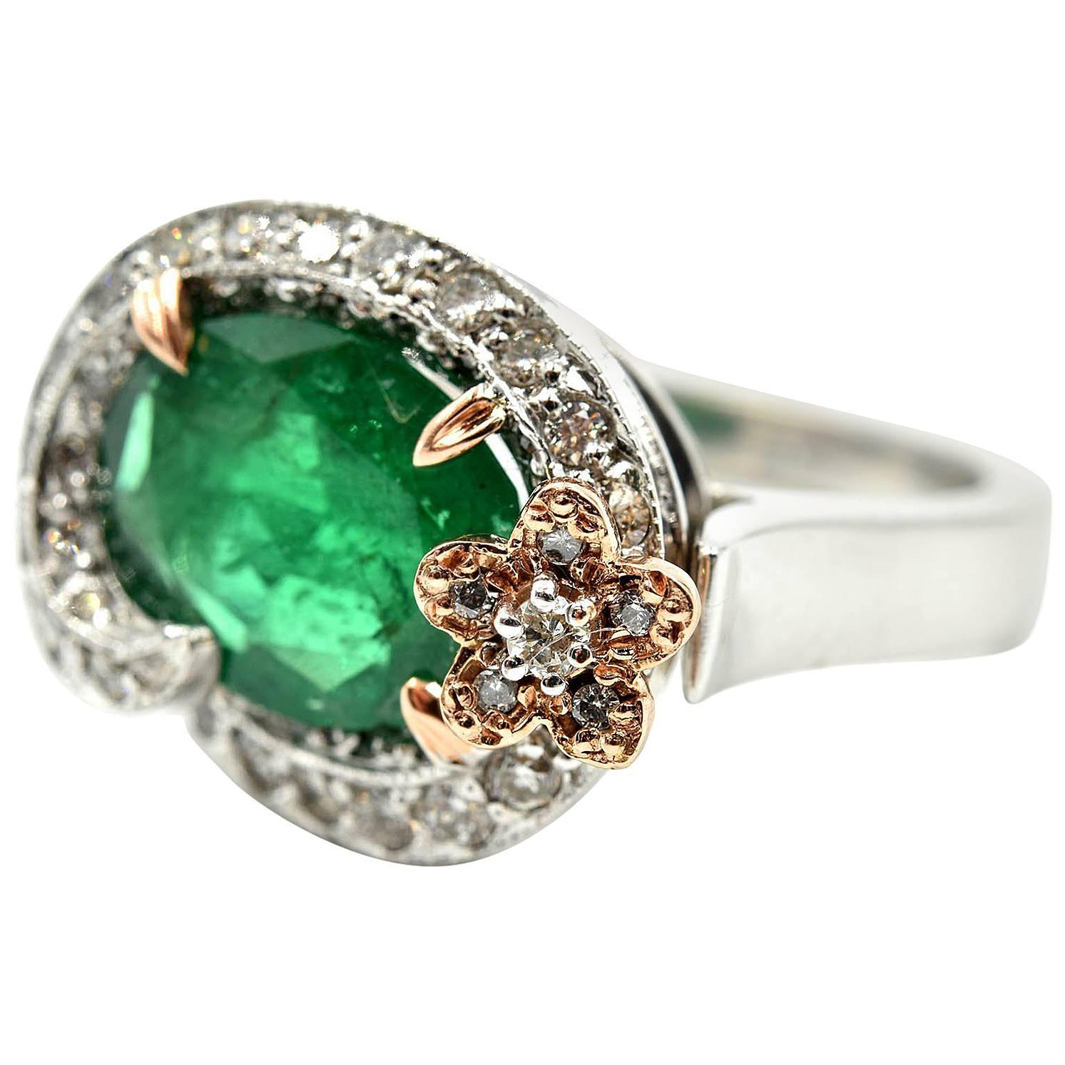 Emerald and Diamond 14k White & Rose Gold Fashion Ring