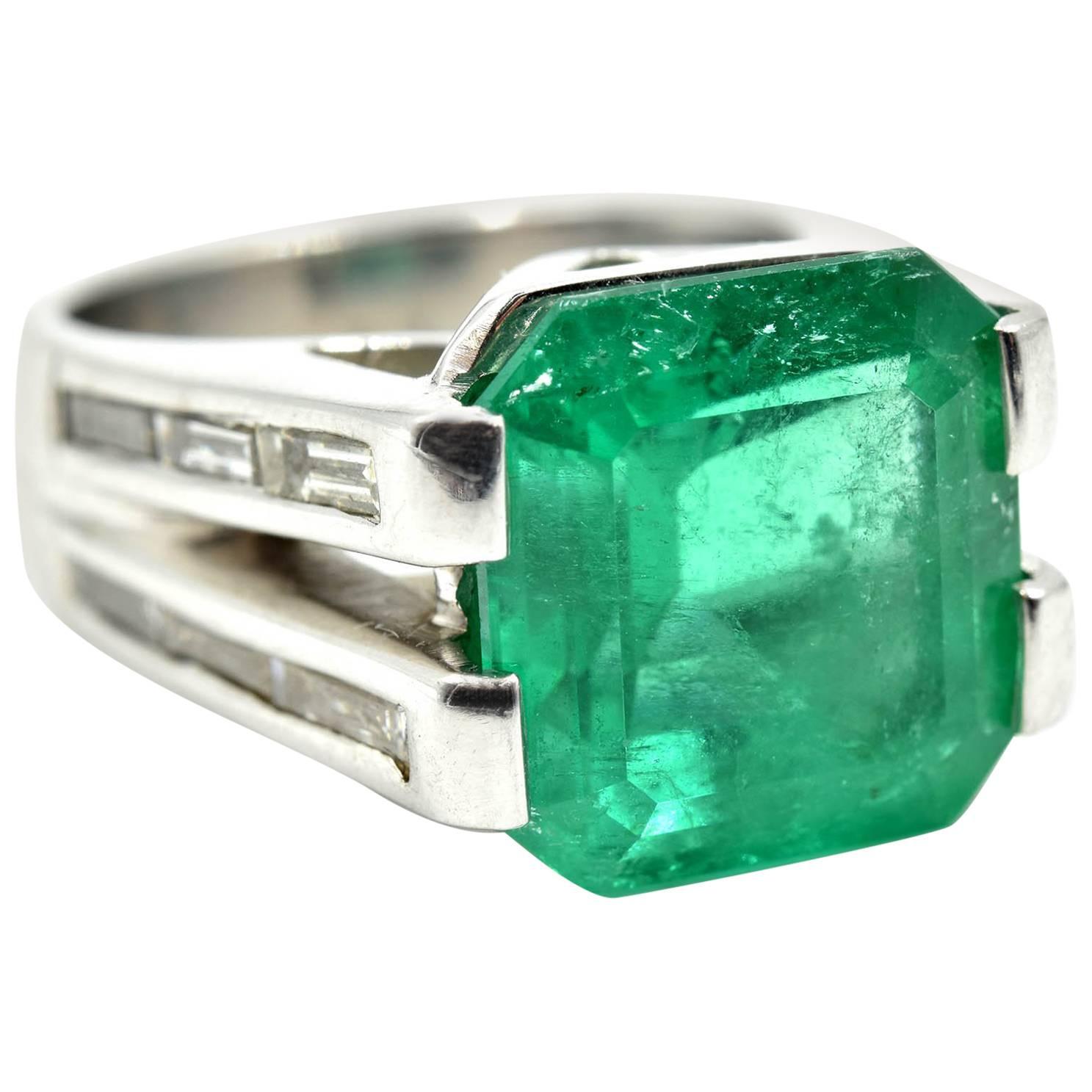 6.86 Carat Step-Cut Emerald with Baguette Diamonds 18k White Ring