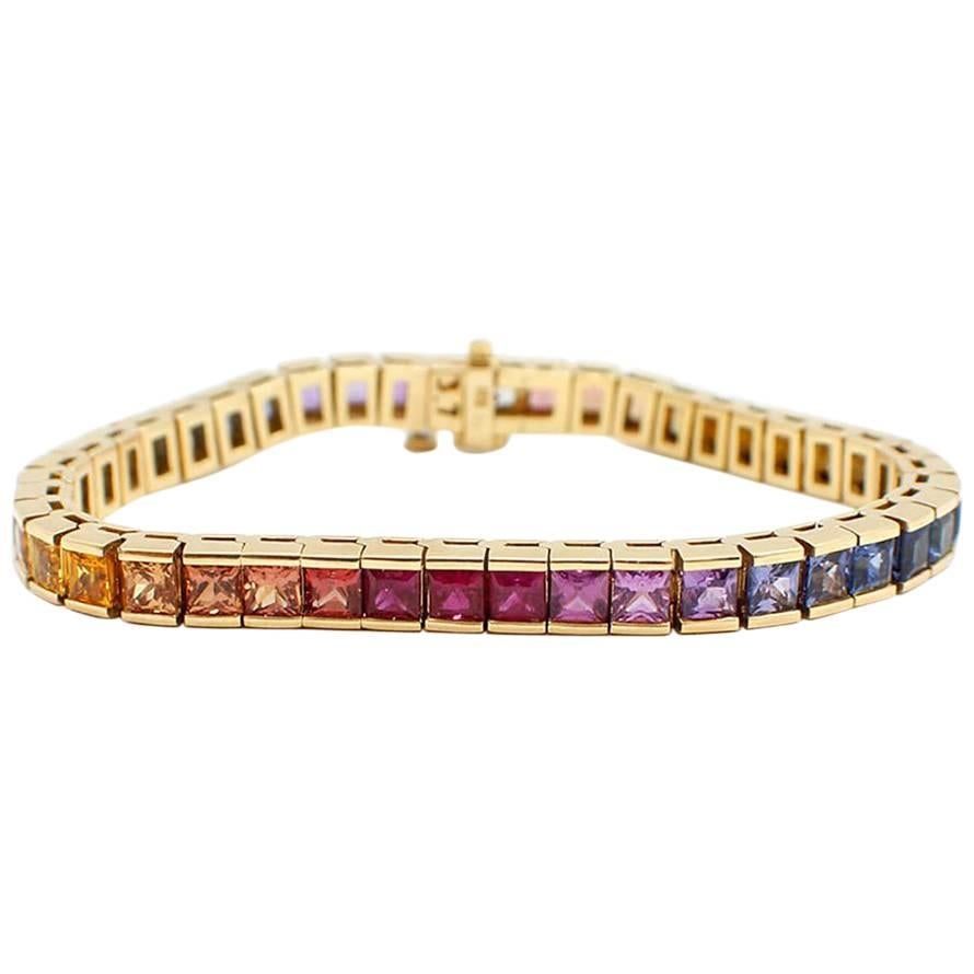 Rainbow Sapphire In-Line Tennis Bracelet 18k Yellow Gold