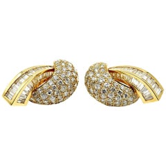 14 Karat Gold 7.00 Carat Round and Baguette Diamond Pave Set Curling Earrings