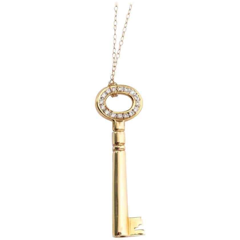 Diamond and 14 Karat Yellow Gold Key Pendant Necklace For Sale at ...