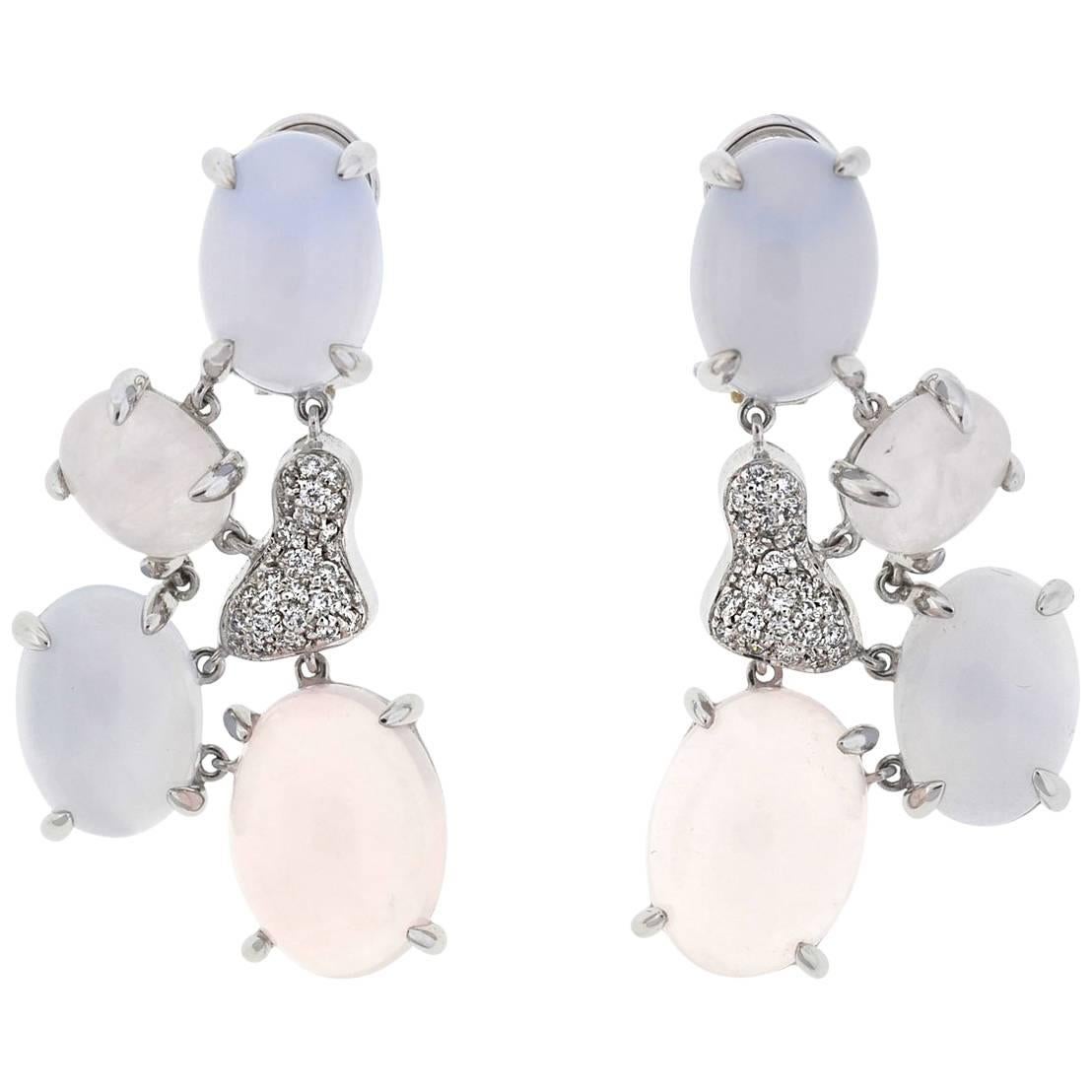 18 Karat White Gold Moonstone Pave Diamond Ladies Drop Earrings