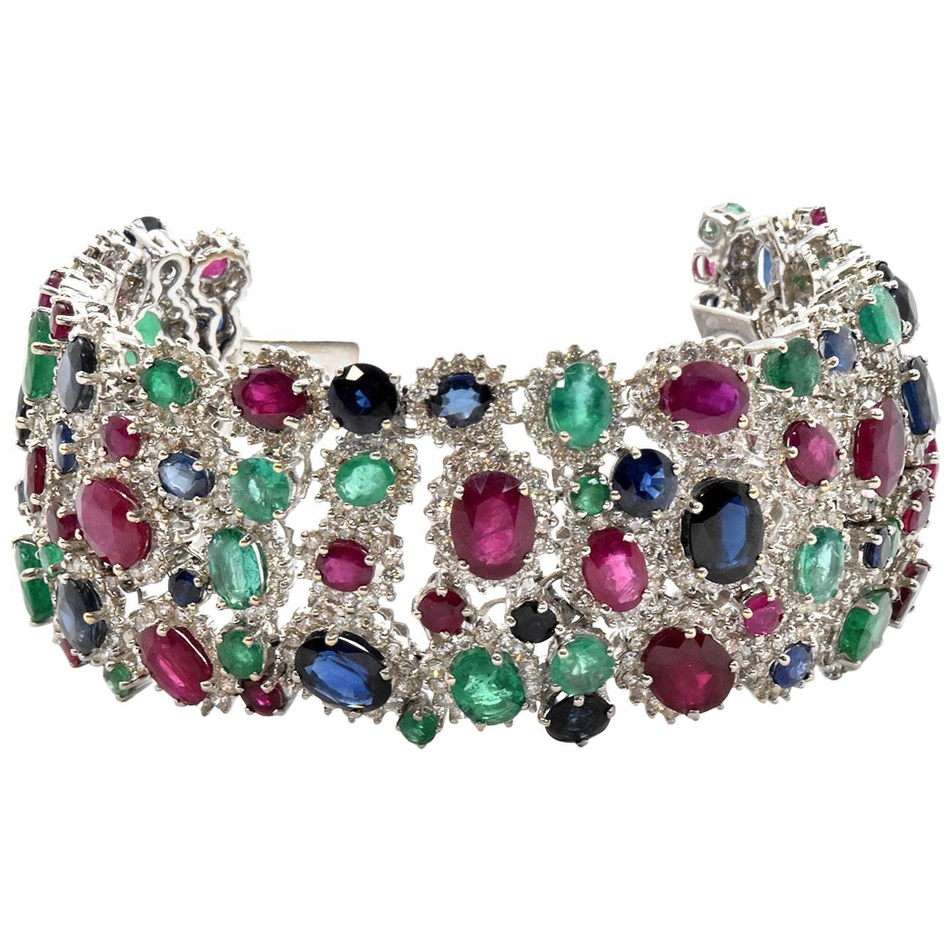 18 Karat White Gold Diamond Ruby Sapphire Emerald Wide Bracelet