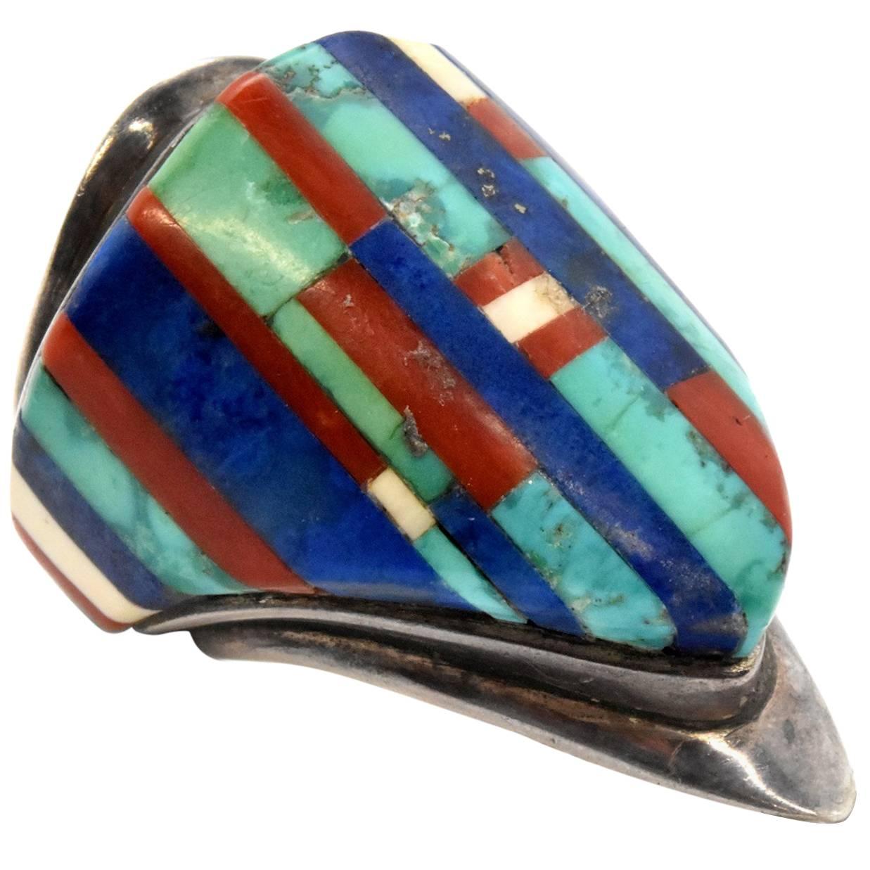 Charles Loloma Indian Jewelry Sterling Silver Hopi Shield with Turquoise & Lapis