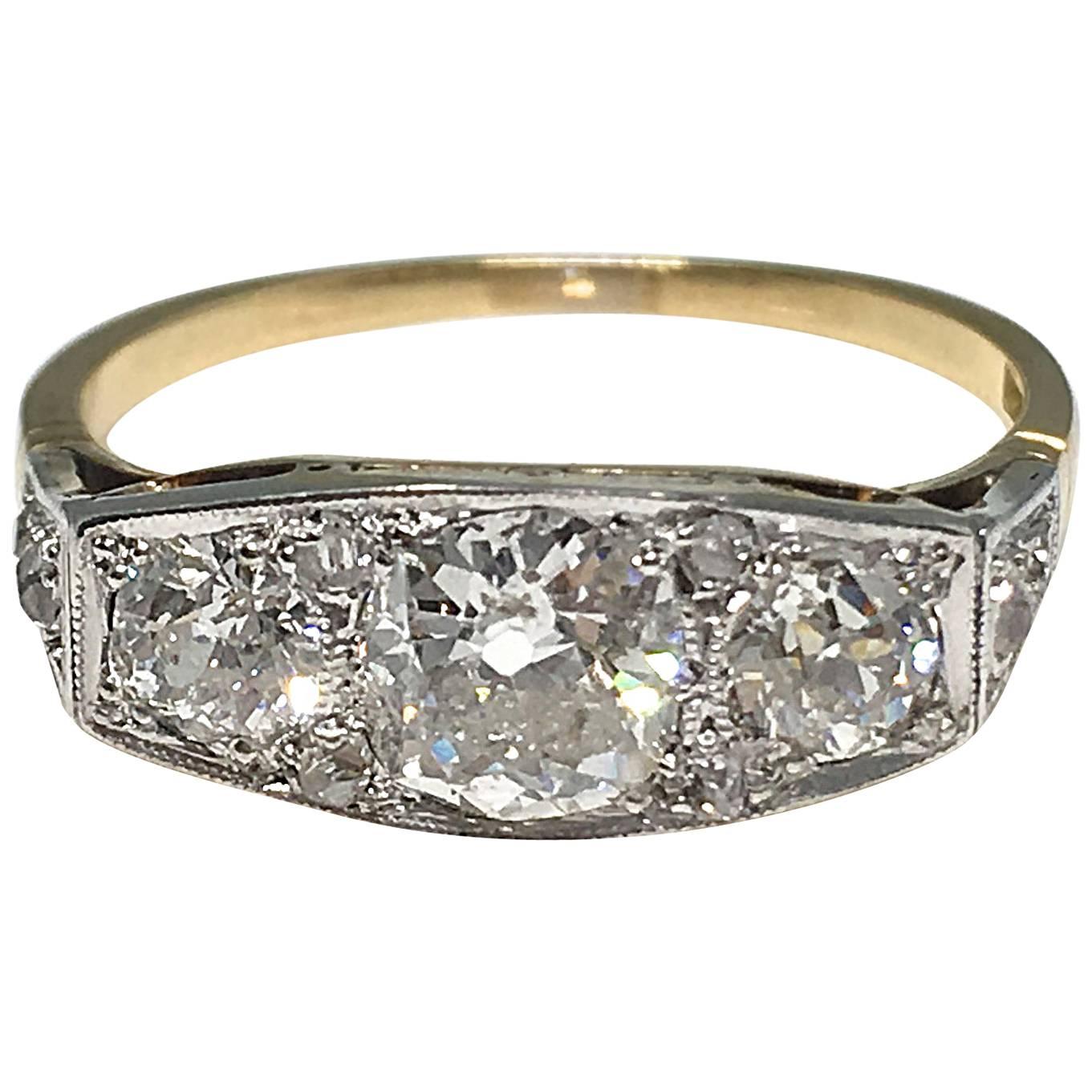 Art Deco 1930s Three-Stone Diamond Platinum and Gold Ring