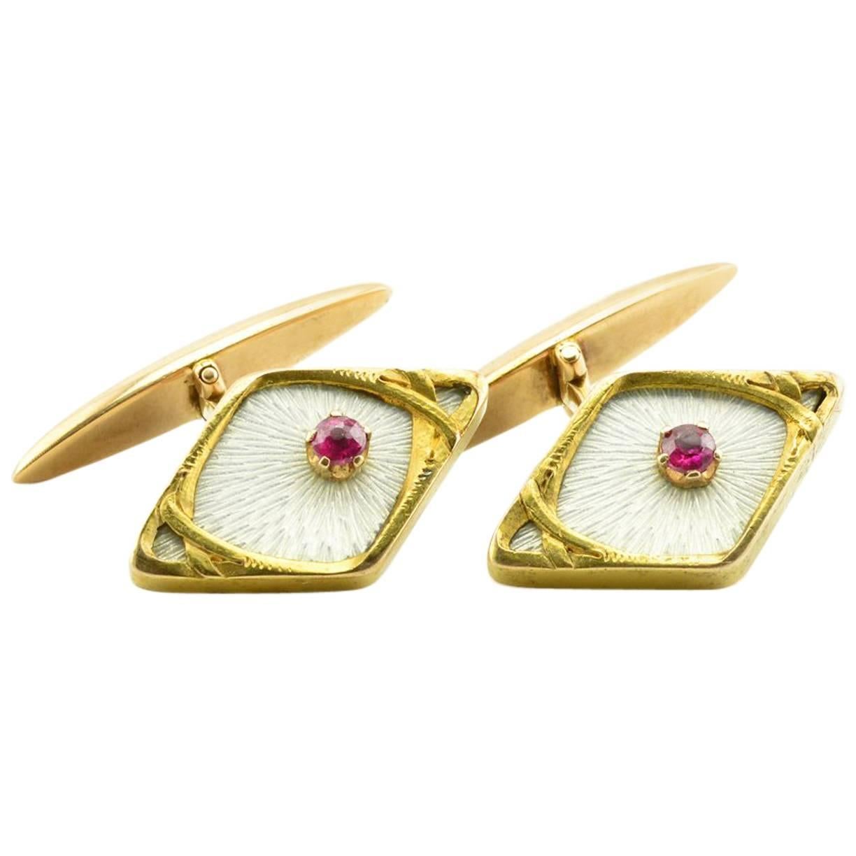 Antique Imperial Russia Art Nouveau Gold Transparent Enamel Ruby Cufflinks