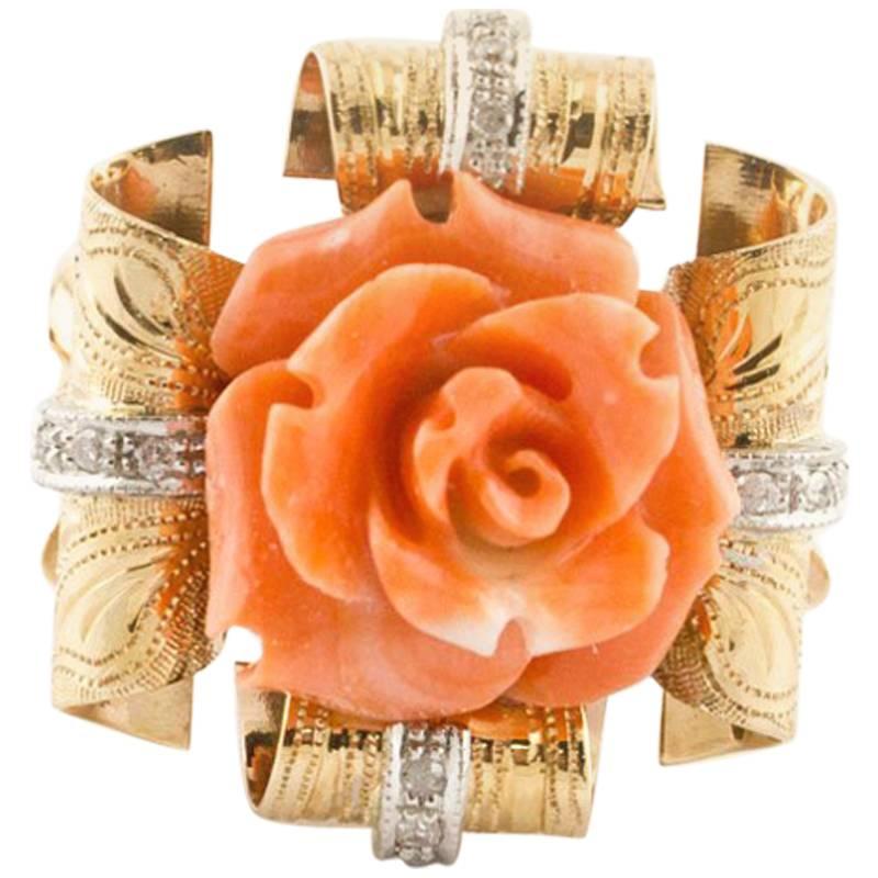 Diamonds and Natural Coral Flower Engraved Rose Gold Fashion Ring 