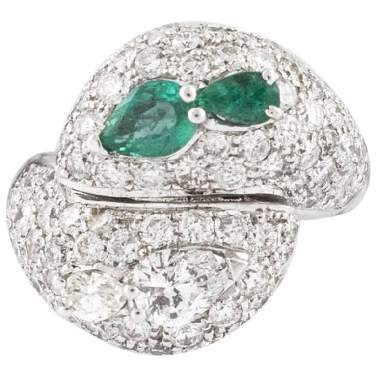 Diamond Emerald Crossover Ring For Sale