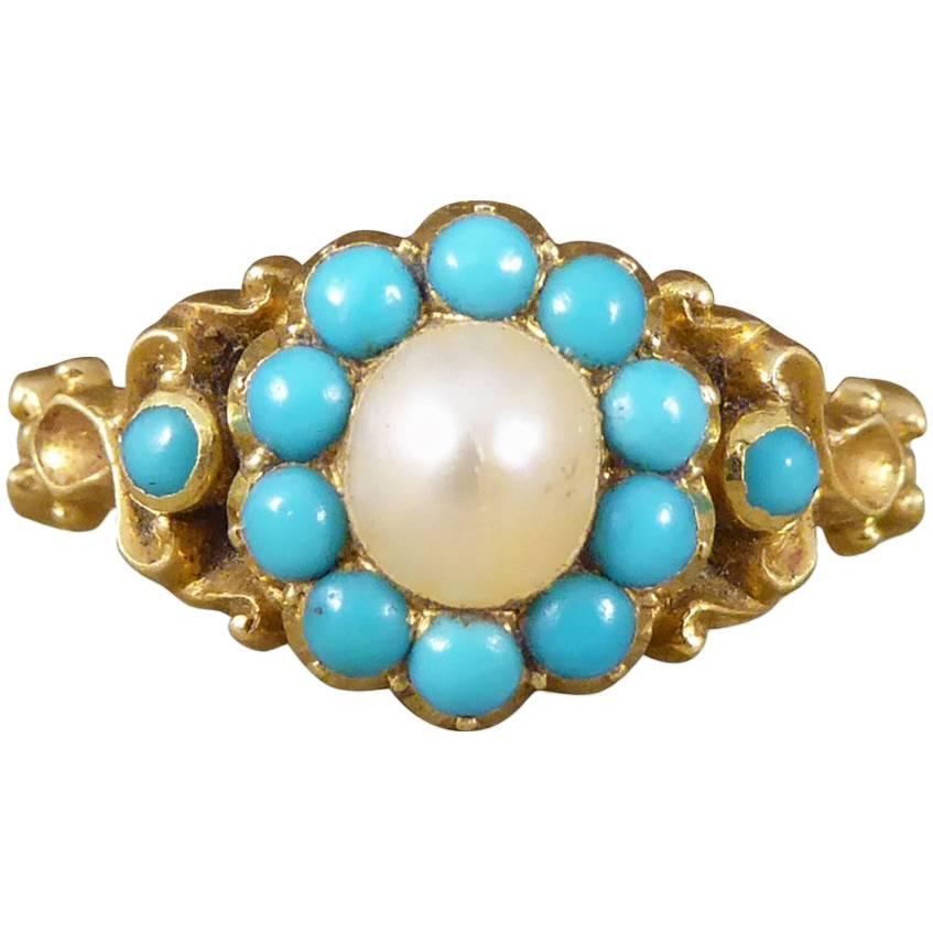 Antique Turquoise and Pearl Gold Cluster Locket Ring