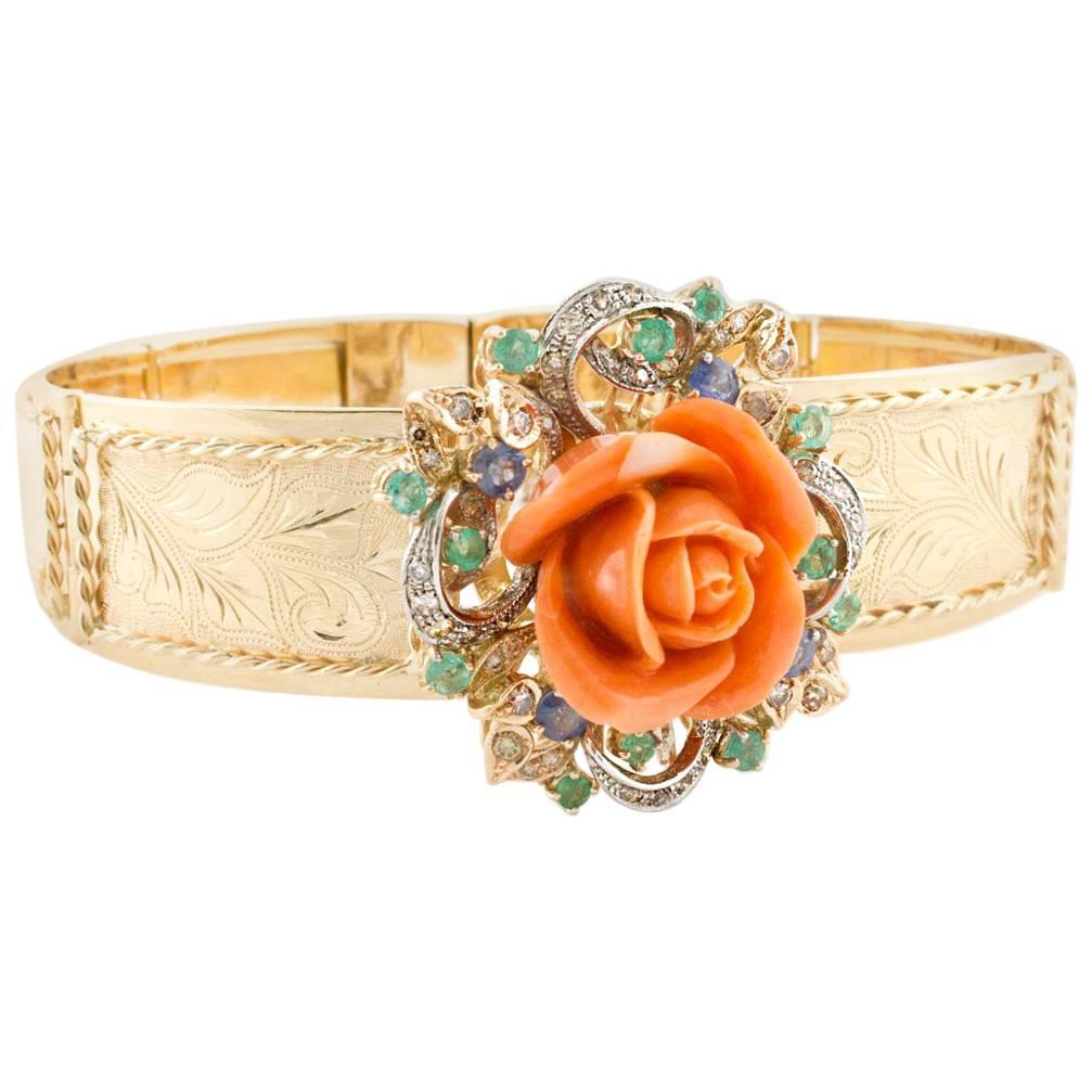 Diamonds Emeralds Sapphires and Orange Coral Flower, Rose Gold Retrò Bracelet 