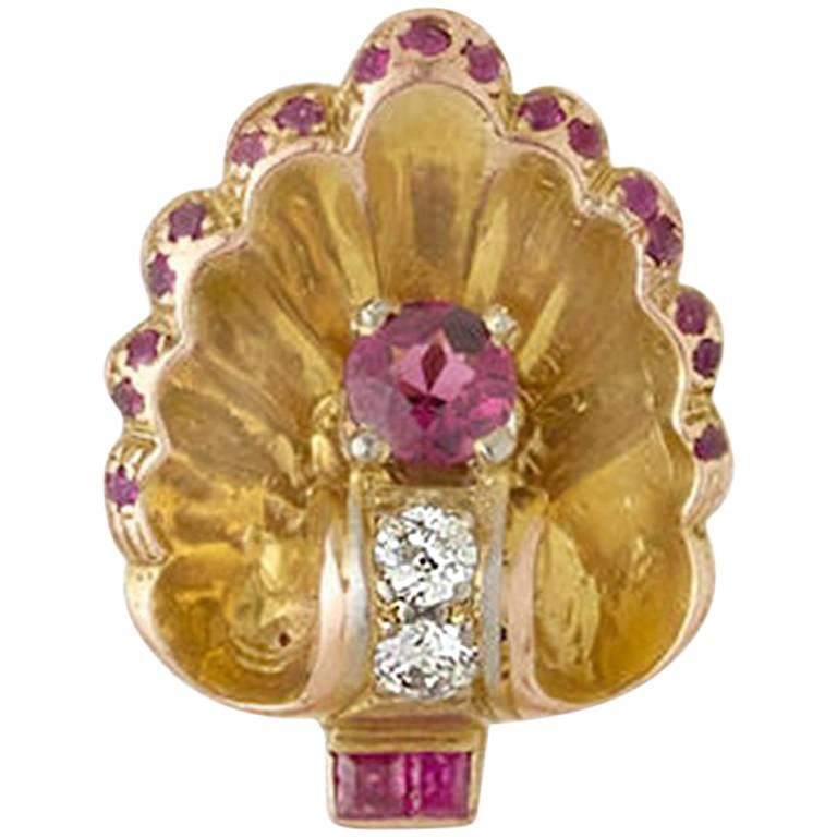 Retro Shell Diamond, Ruby and Pink Sapphire Gold Ring