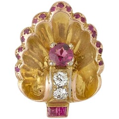 Retro Shell Diamond, Ruby and Pink Sapphire Gold Ring