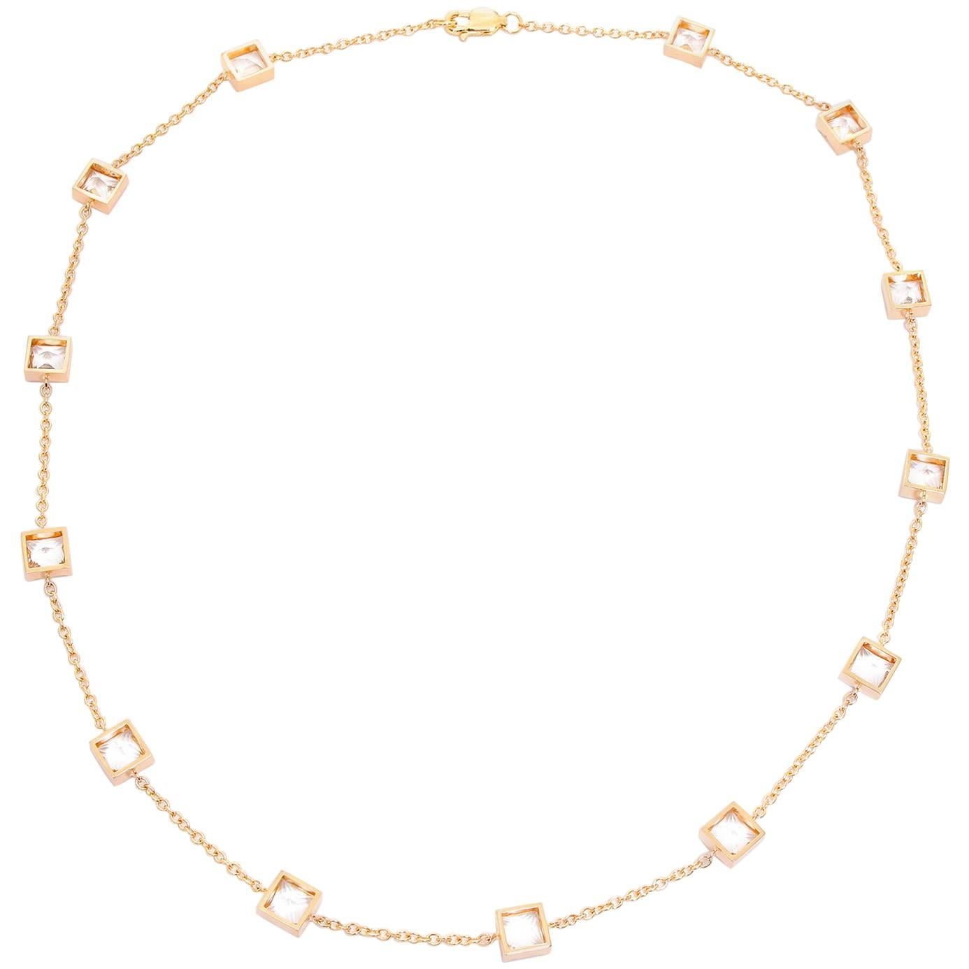 14 Karat Yellow Gold White Topaz Yard Diamond by a Yard Necklace For Sale