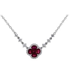 Ruby and Diamond Clover Motif Pendant Necklace