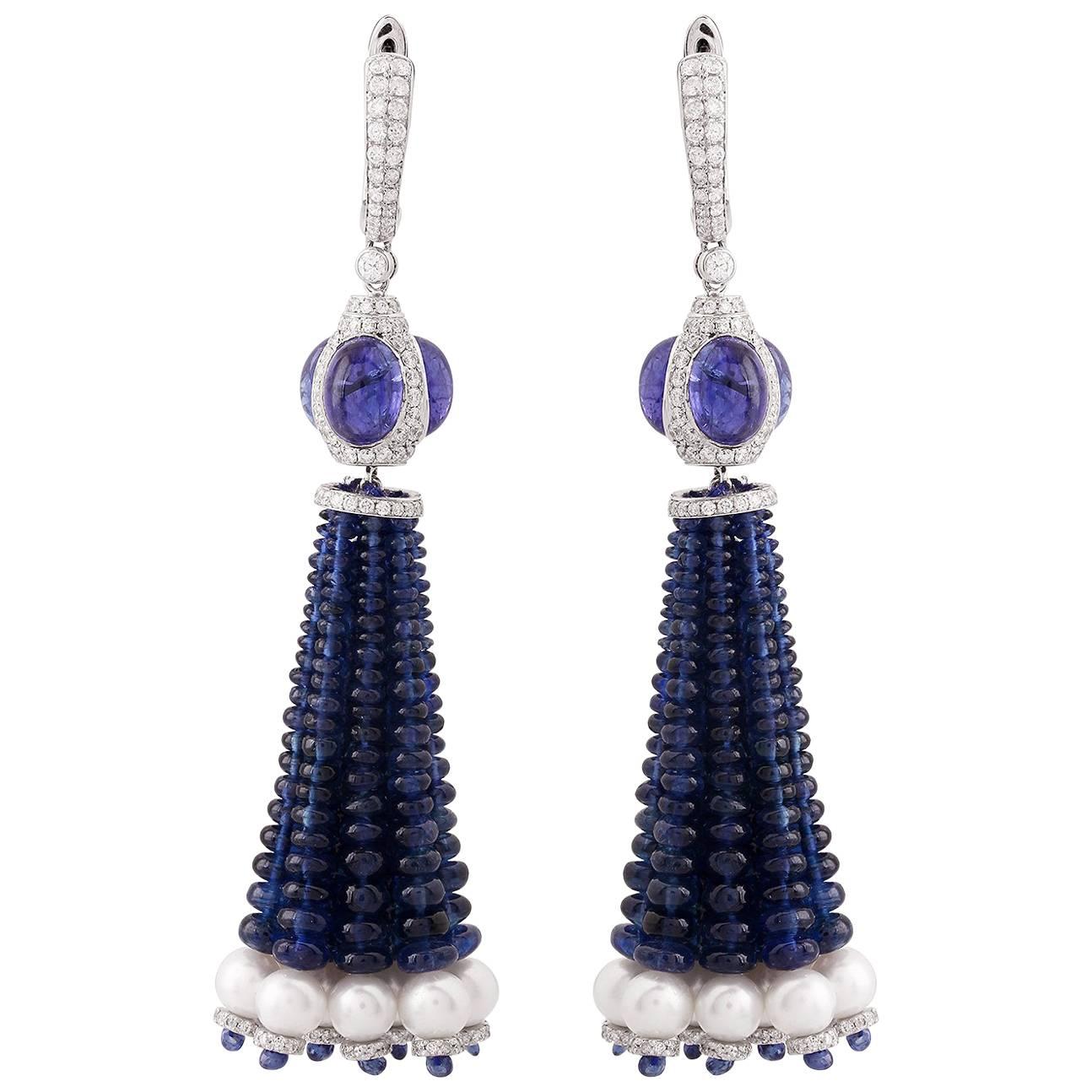 Blue Sapphire Tanzanite Diamond Tassel Earrings For Sale