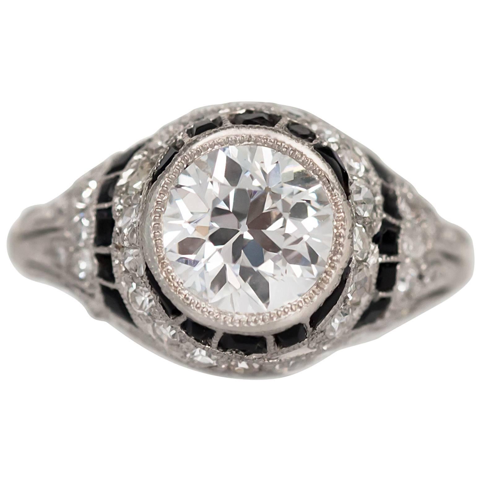 1.11 GIA Certified Carat Diamond, Onyx Platinum Engagement Ring, 1920s Art Deco
