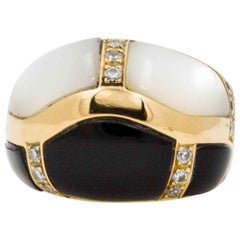 18 Karat Yellow Gold Domed Black Onyx Mother-of-Pearl Diamond Ring