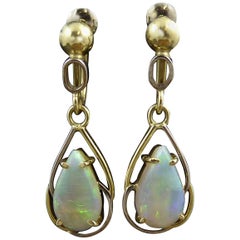 Vintage Pear Shaped Opal Drop Earrings, 18 Carat Gold, circa 1980s