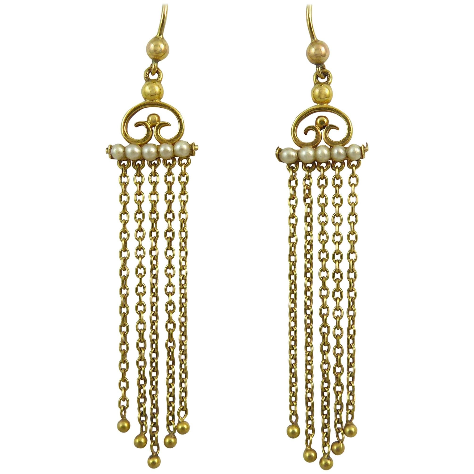 Edwardian Drop Earrings with Pearls, 9 Carat Gold
