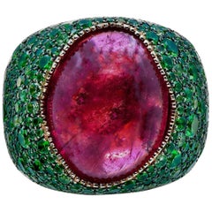 Rubellite Cabochon with Tsavorite Pave Ring in Rose Gold