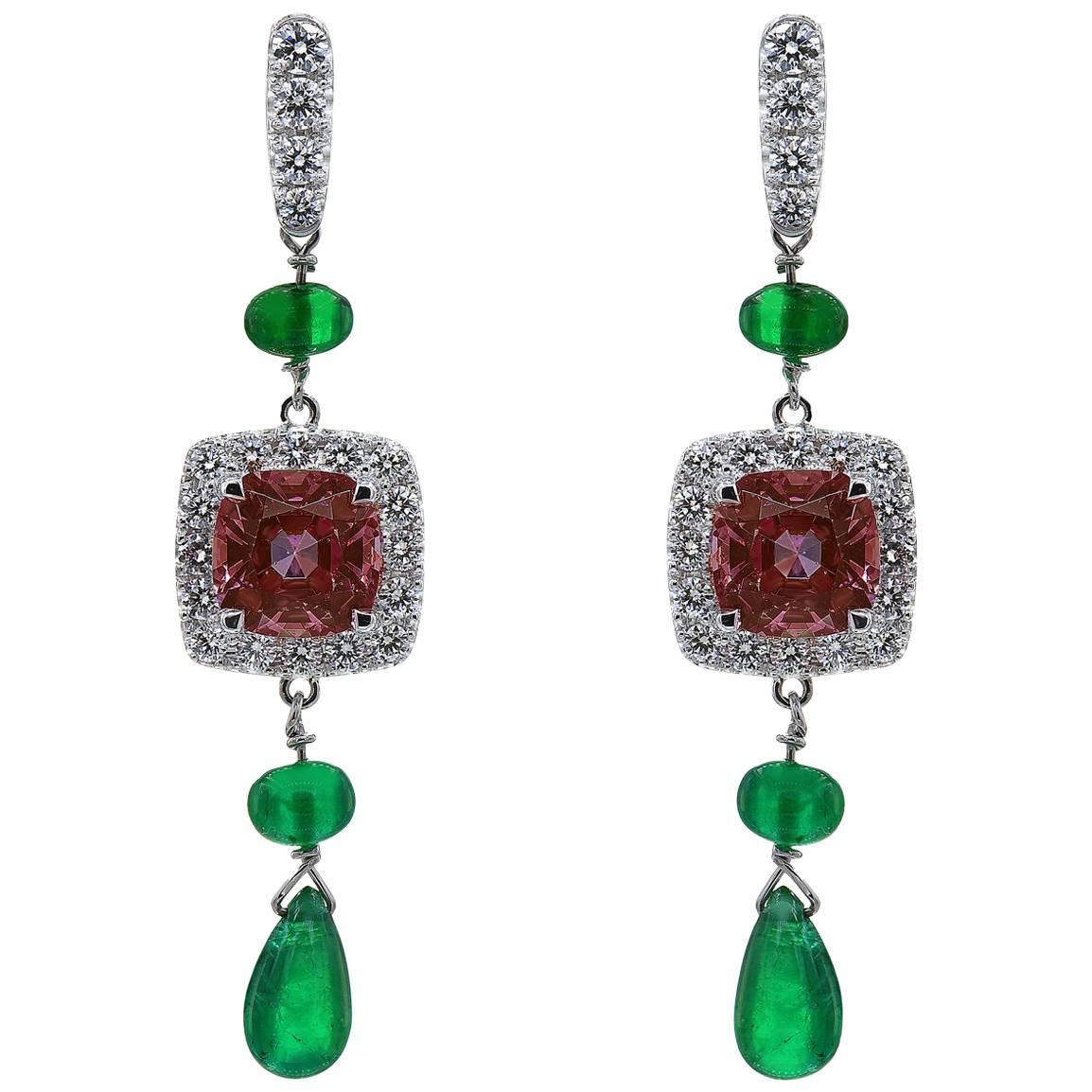 Garnet Cushion and Emerald Drop Earrings in White Gold For Sale